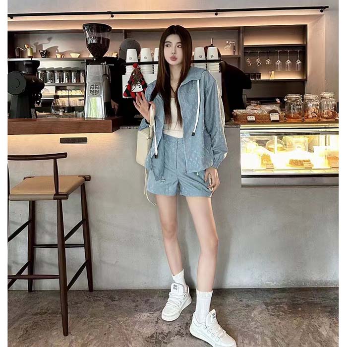 Louis Vuitton Women LV Shiny Monogram Short Parka Ice Blue Regular Fit