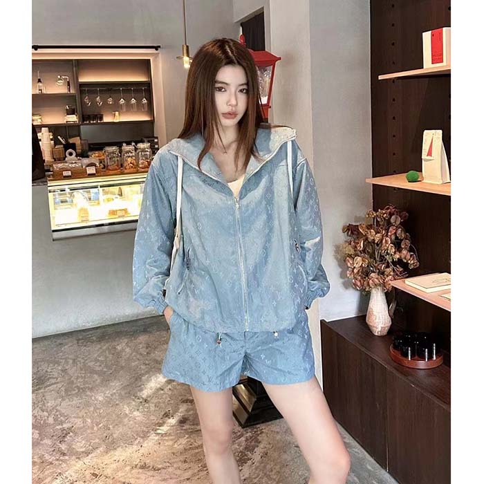 Louis Vuitton Women LV Shiny Monogram Short Parka Ice Blue Regular Fit