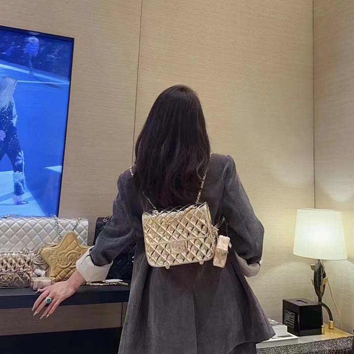 Chanel Women CC Backpack Star Coin Purse Mirror Calfskin Metallic Calfskin Gold-Tone Metal