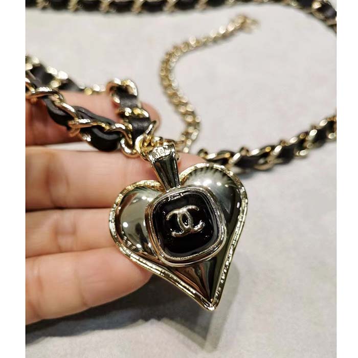 Chanel Women CC Belt Gold Metal Black Calfskin Leather Chanel Heart Shape Logo