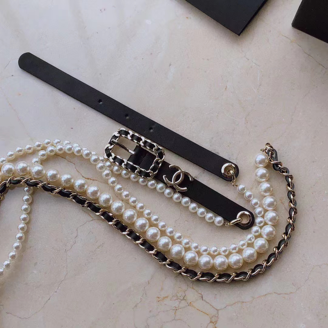 Chanel Women CC Belt Gold Metal Resin Glass Pearls Strass Black Calfskin Leather