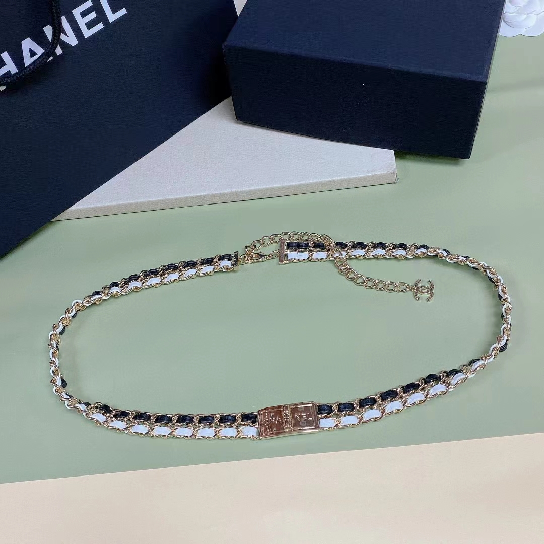 Chanel Women CC Belt Gold Tone Metal Black White Calfskin Lambskin Leather