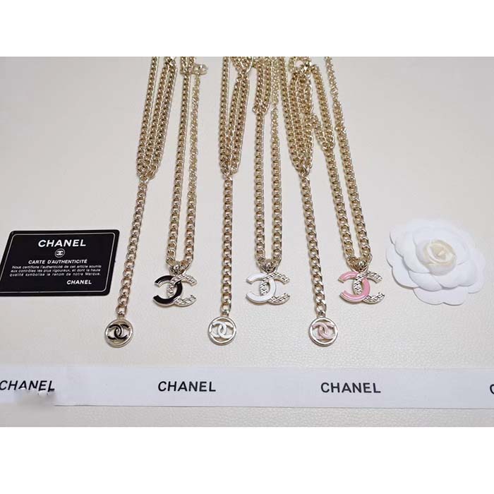 Chanel Women CC Belt Gold Tone Metal Pink Chanel Logo