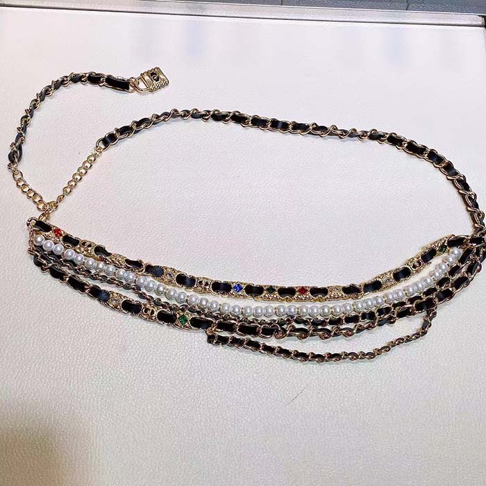 Chanel Women CC Chain Belt Gold Metal Resin Glass Pearls Strass Muticolor Diamonds Black Calfskin Leather