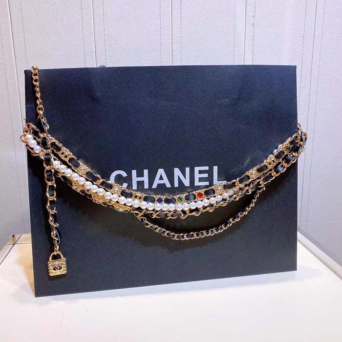 Chanel Women CC Chain Belt Gold Metal Resin Glass Pearls Strass Muticolor Diamonds Black Calfskin Leather