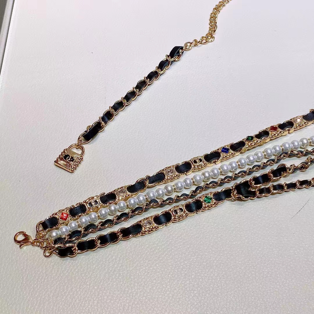 Chanel Women CC Chain Belt Gold Metal Resin Glass Pearls Strass Muticolor Diamonds Black Calfskin Leather