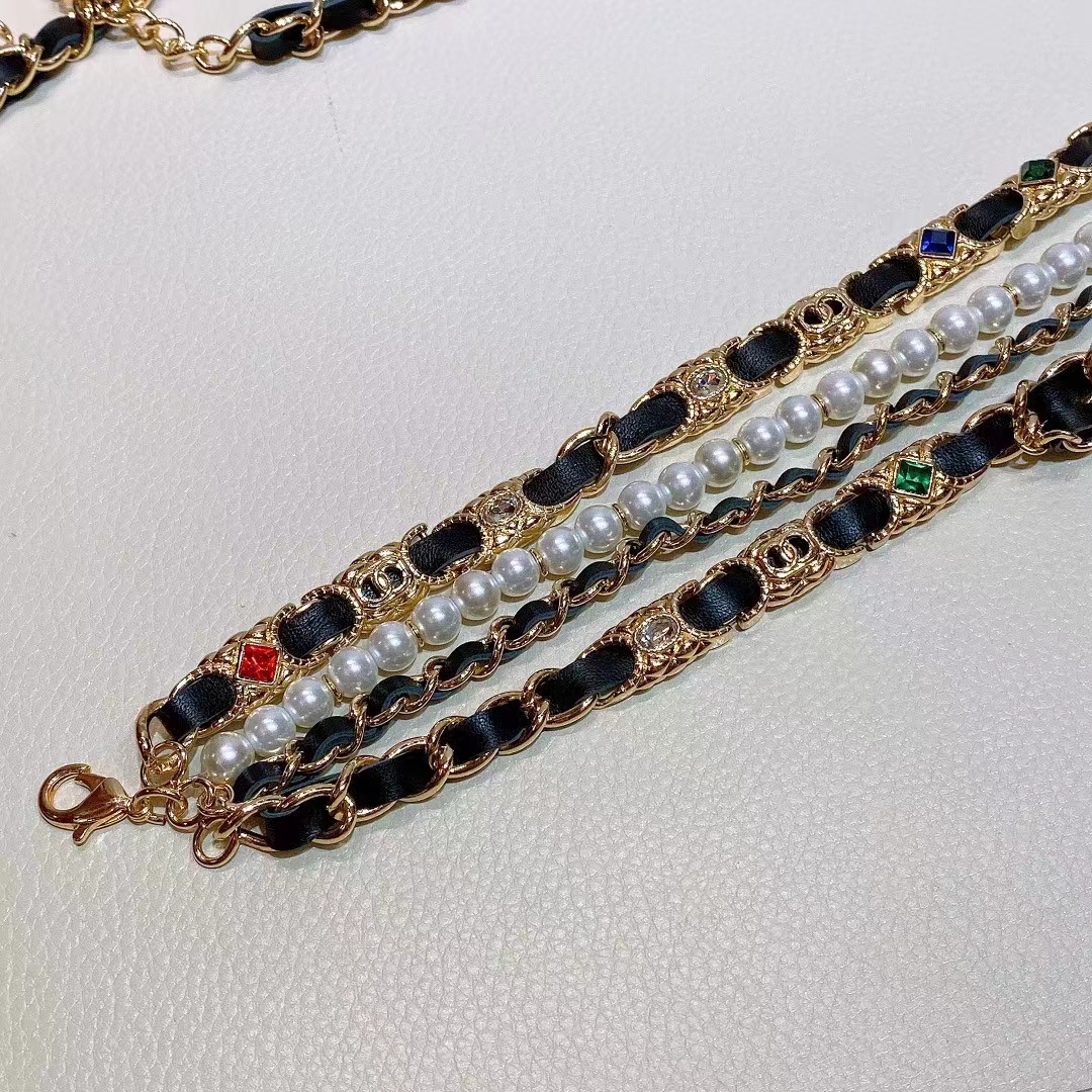 Chanel Women CC Chain Belt Gold Metal Resin Glass Pearls Strass Muticolor Diamonds Black Calfskin Leather