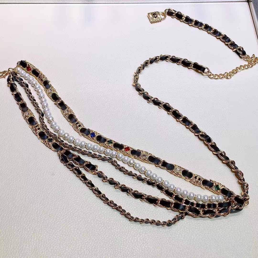 Chanel Women CC Chain Belt Gold Metal Resin Glass Pearls Strass Muticolor Diamonds Black Calfskin Leather