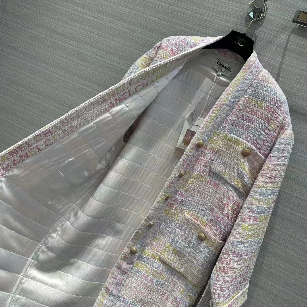 Chanel Women CC Coat Embroidered Cotton Wool Tweed Pink Yellow Ecru Blue Ref.  P76296 V68251 NS965