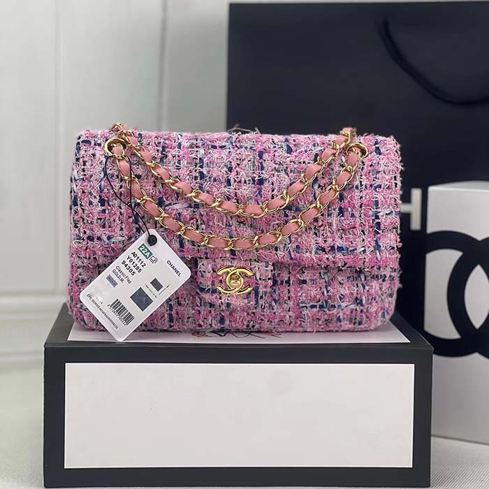 Chanel Women CC Flap Bag Tweed Fabrics Gold-Tone Metal Purple Pink Blue