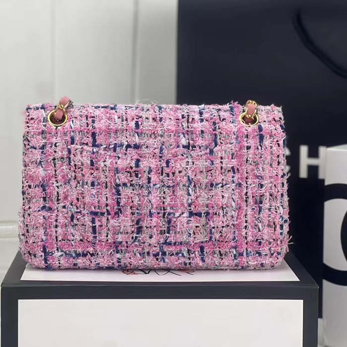 Chanel Women CC Flap Bag Tweed Fabrics Gold-Tone Metal Purple Pink Blue