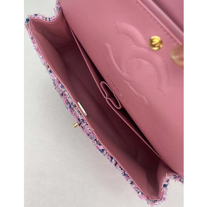Chanel Women CC Flap Bag Tweed Fabrics Gold-Tone Metal Purple Pink Blue