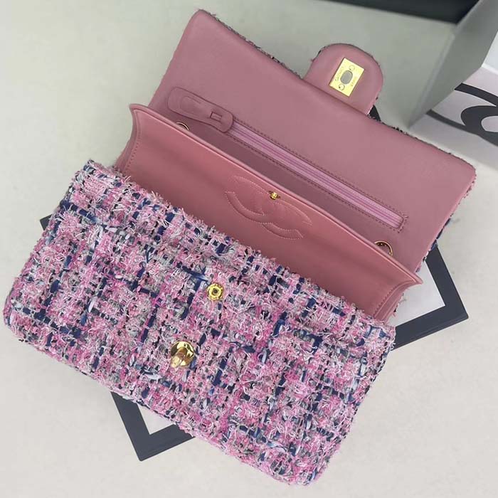 Chanel Women CC Flap Bag Tweed Fabrics Gold-Tone Metal Purple Pink Blue