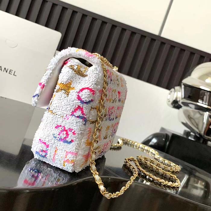 Chanel Women CC Small Flap Bag Sequins Gold-Tone Metal White Yellow Pink Blue