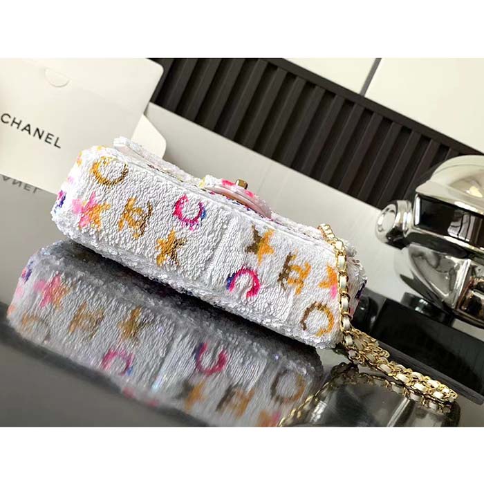 Chanel Women CC Small Flap Bag Sequins Gold-Tone Metal White Yellow Pink Blue