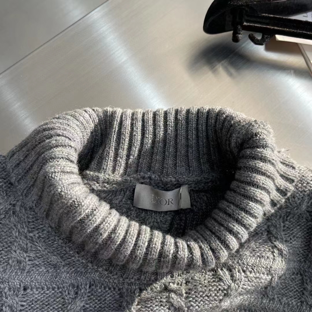 Dior Men CD Dior Icons Sweater Gray Cashmere Knit Stand Collar All-Over Cannage Motif