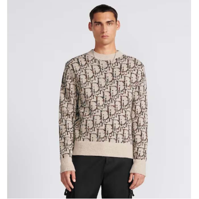 Dior Men CD Dior Oblique Sweater Beige Brown Wool Jacquard
