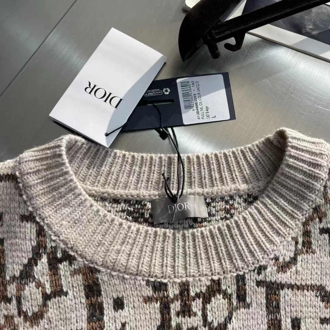 Dior Women CD Dior Oblique Sweater Beige Brown Wool Jacquard
