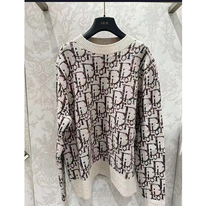 Dior Women CD Dior Oblique Sweater Beige Brown Wool Jacquard