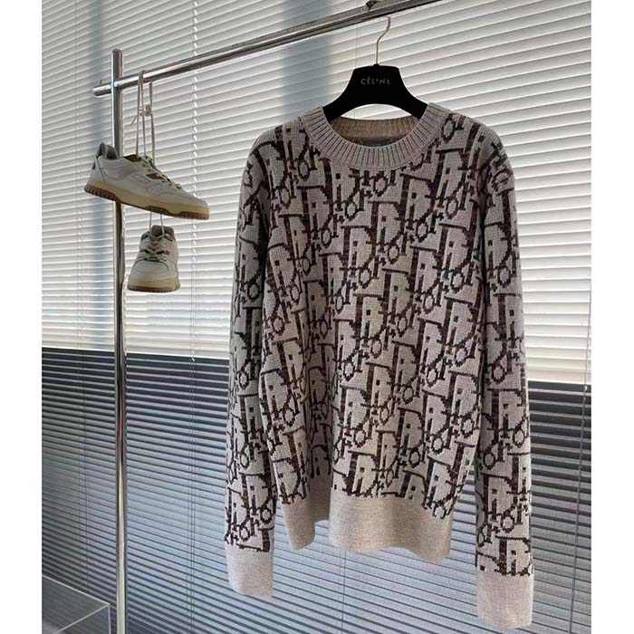 Dior Women CD Dior Oblique Sweater Beige Brown Wool Jacquard