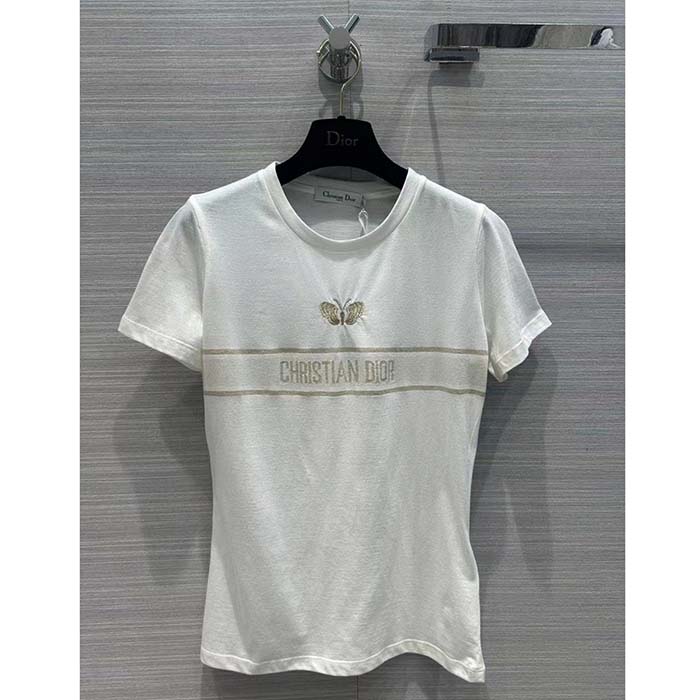 Dior Women CD Embroidered T-Shirt White Cotton Jersey Gold-Tone Signature