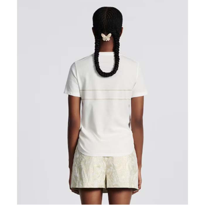 Dior Women CD Embroidered T-Shirt White Cotton Jersey Gold-Tone Signature