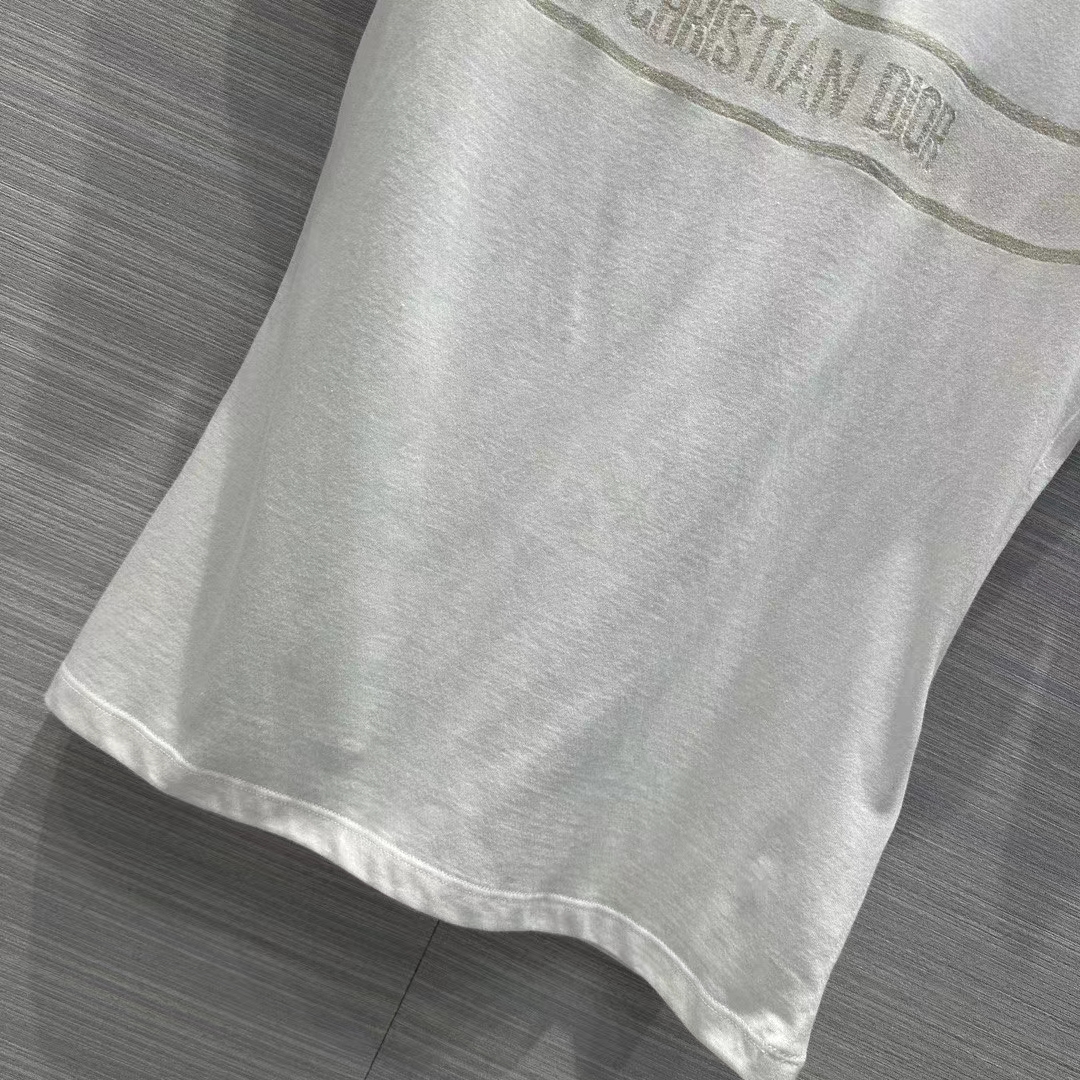 Dior Women CD Embroidered T-Shirt White Cotton Jersey Gold-Tone Signature