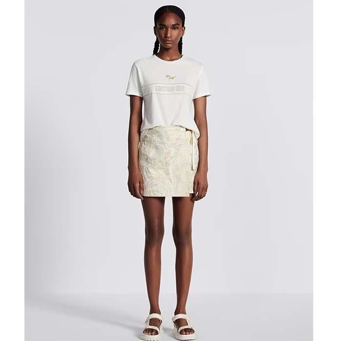 Dior Women CD Embroidered T-Shirt White Cotton Jersey Gold-Tone Signature