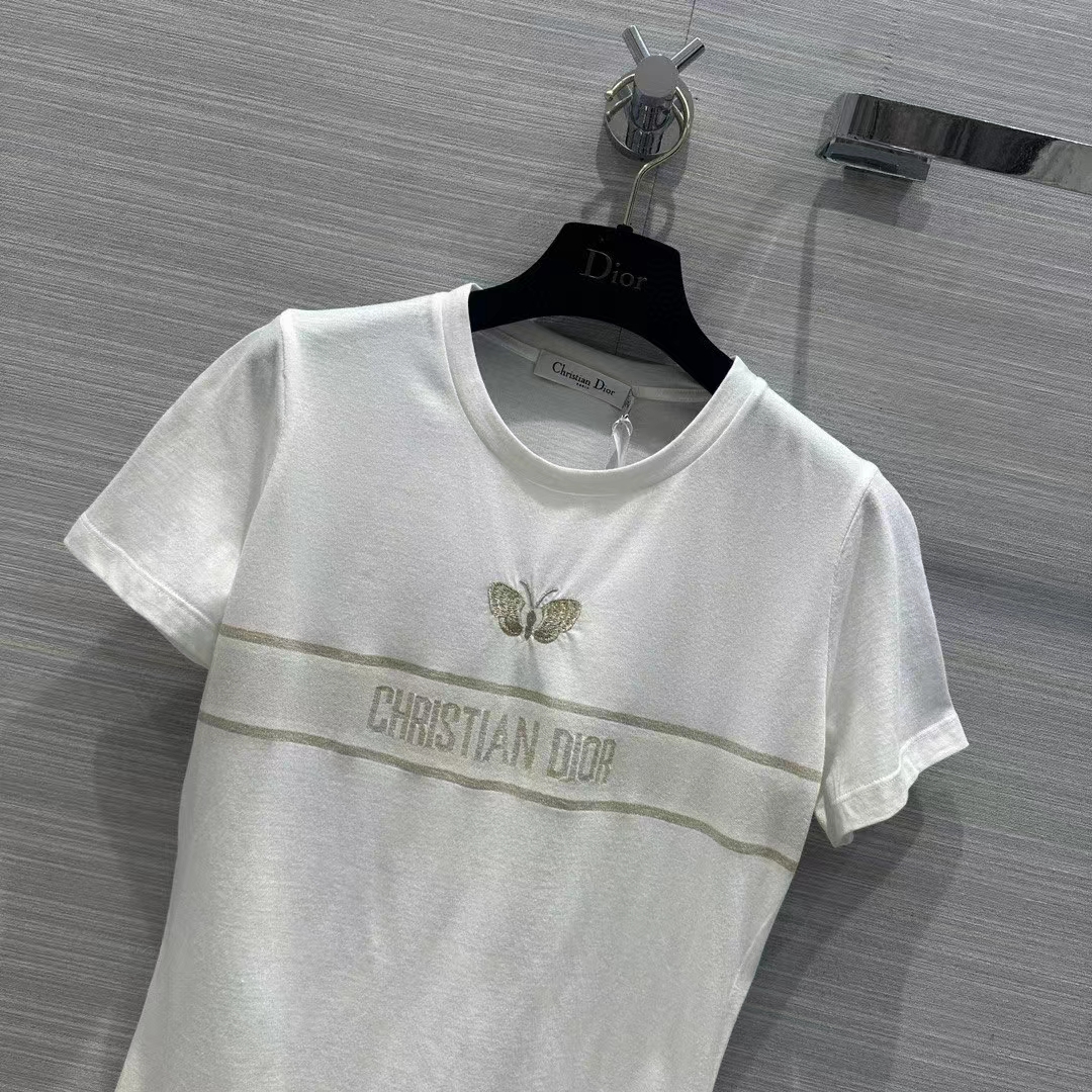 Dior Women CD Embroidered T-Shirt White Cotton Jersey Gold-Tone Signature