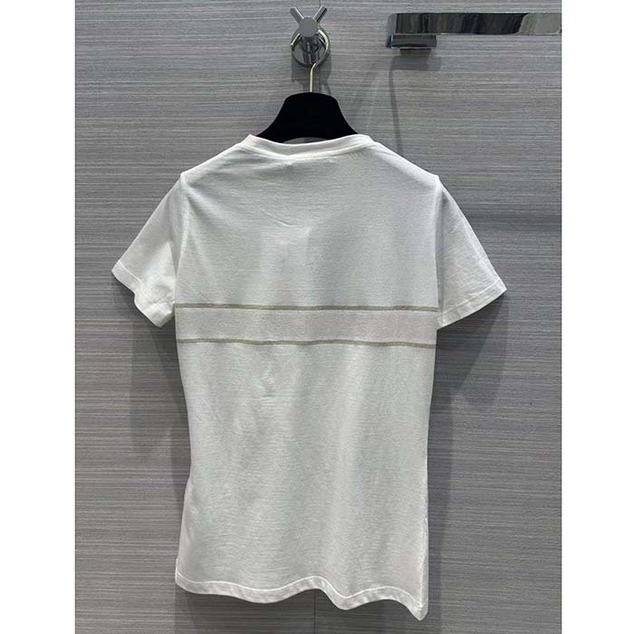 Dior Women CD Embroidered T-Shirt White Cotton Jersey Gold-Tone Signature