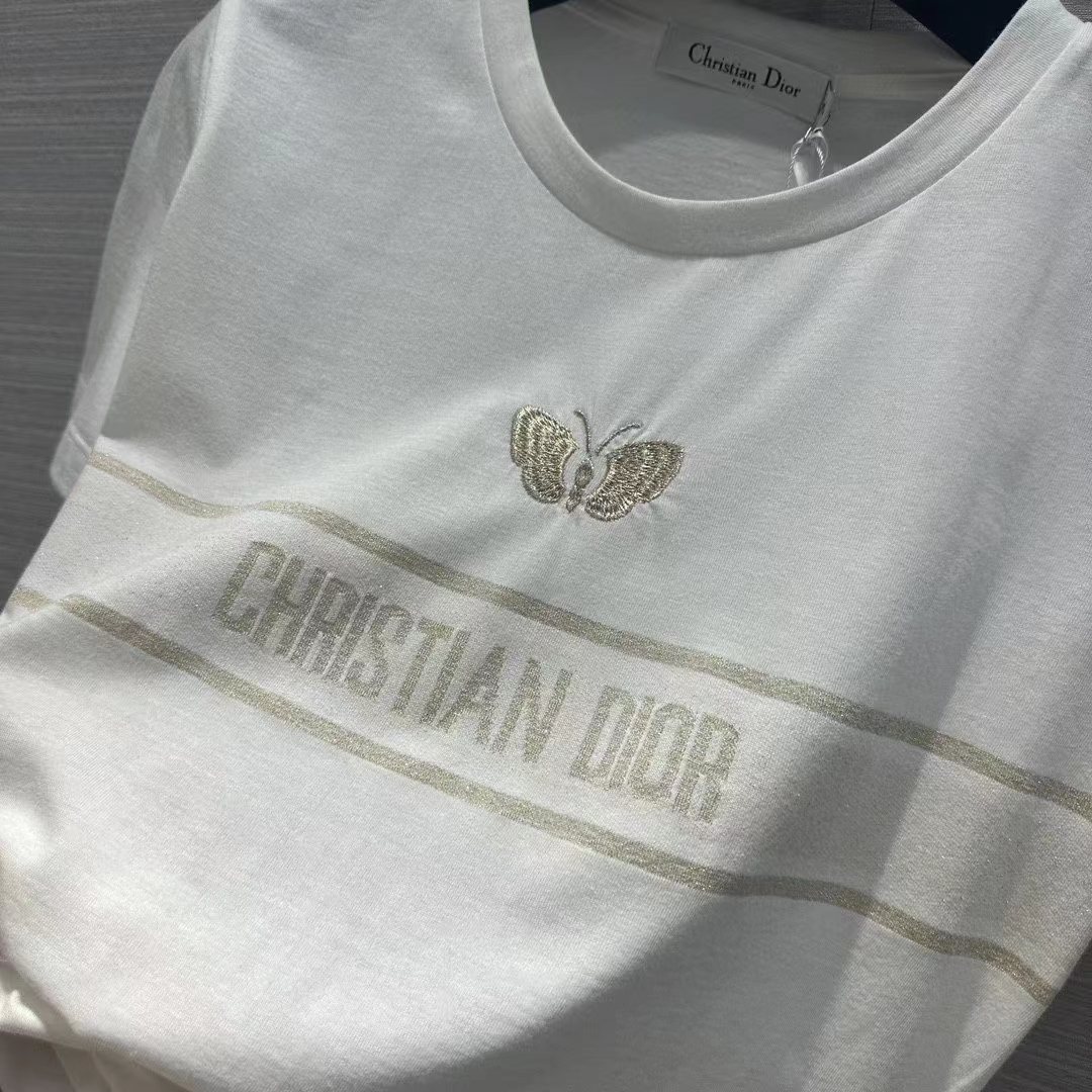 Dior Women CD Embroidered T-Shirt White Cotton Jersey Gold-Tone Signature