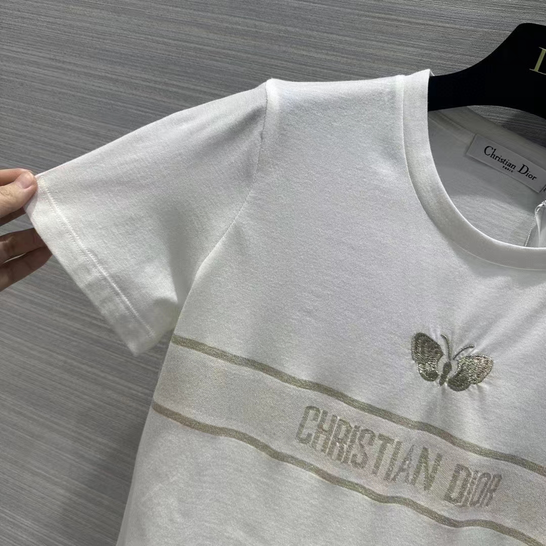 Dior Women CD Embroidered T-Shirt White Cotton Jersey Gold-Tone Signature