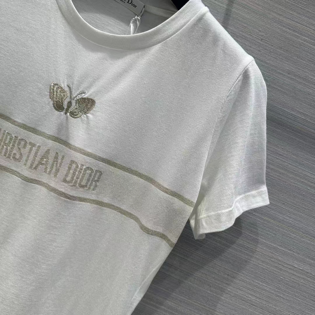 Dior Women CD Embroidered T-Shirt White Cotton Jersey Gold-Tone Signature