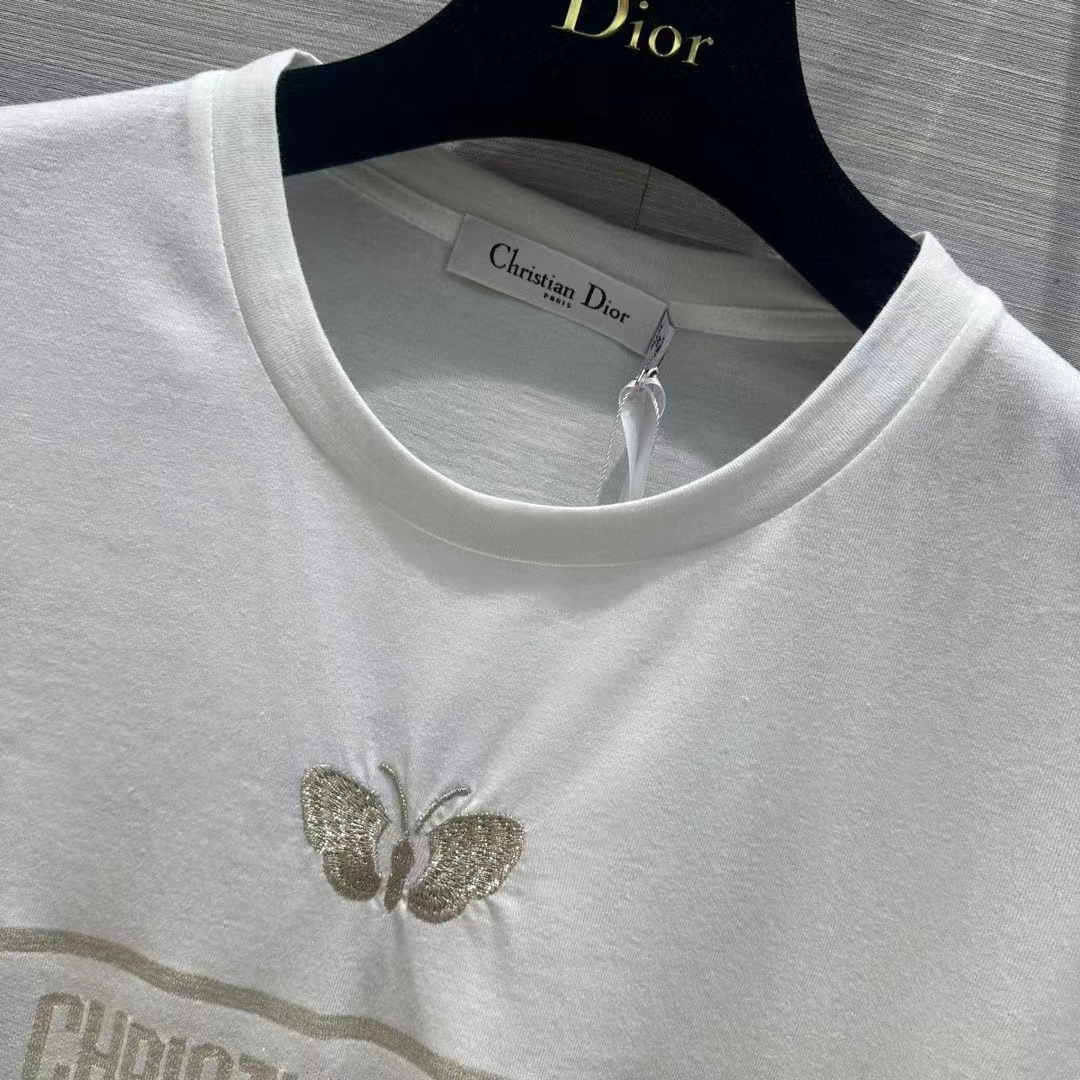 Dior Women CD Embroidered T-Shirt White Cotton Jersey Gold-Tone Signature