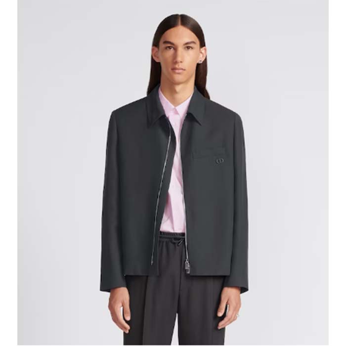 Dior Men CD Zipped Jacket Blue Virgin Wool Blend Viscose Spread Collar