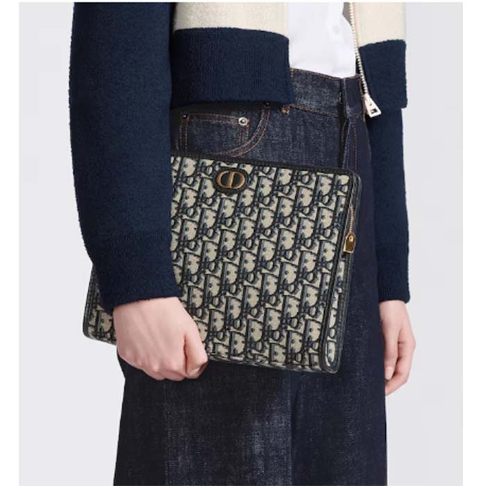 Dior Unisex CD Medium 30 Montaigne Pouch Blue Dior Oblique Jacquard