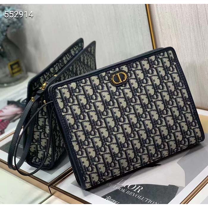 Dior Unisex CD Medium 30 Montaigne Pouch Blue Dior Oblique Jacquard
