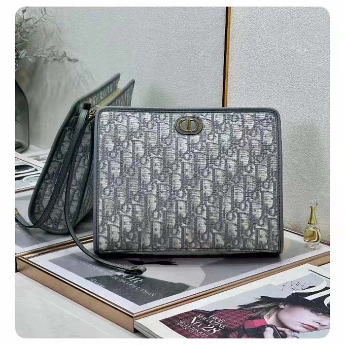 Dior Unisex CD Medium 30 Montaigne Pouch Gray Dior Oblique Jacquard