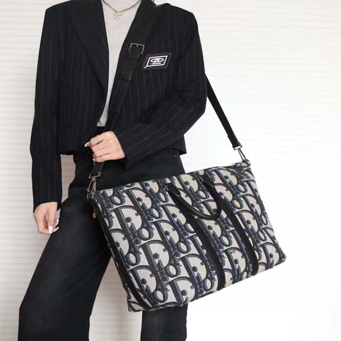 Dior Unisex CD Weekend 40 Bag Beige Black Maxi Dior Oblique Jacquard