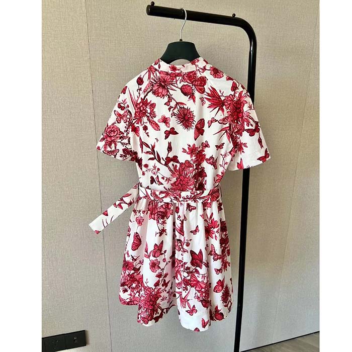 Dior Women CD Belted Shirt Dress White Cotton Silk Poplin Red Toile De Jouy Mexico Motif Reference: 417R89A3676_X3810