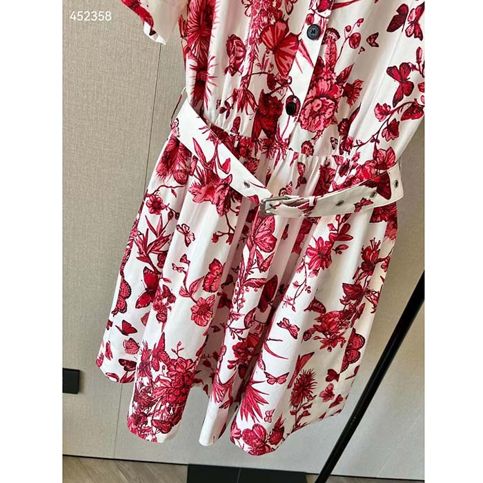 Dior Women CD Belted Shirt Dress White Cotton Silk Poplin Red Toile De Jouy Mexico Motif Reference: 417R89A3676_X3810
