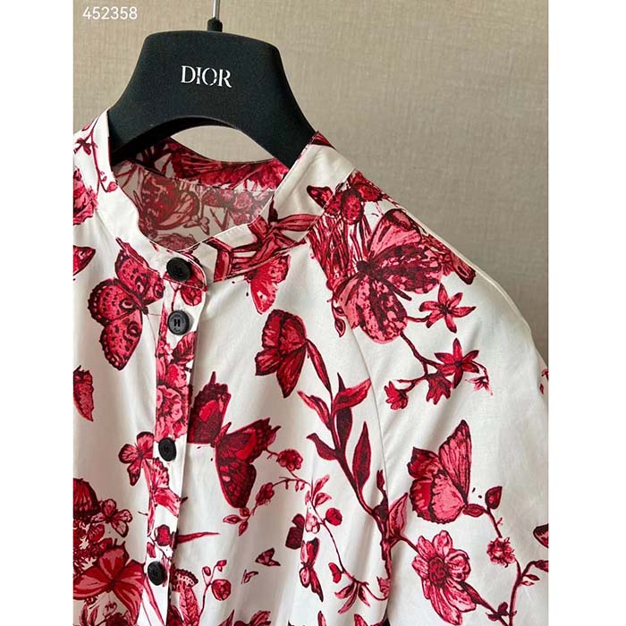 Dior Women CD Belted Shirt Dress White Cotton Silk Poplin Red Toile De Jouy Mexico Motif Reference: 417R89A3676_X3810