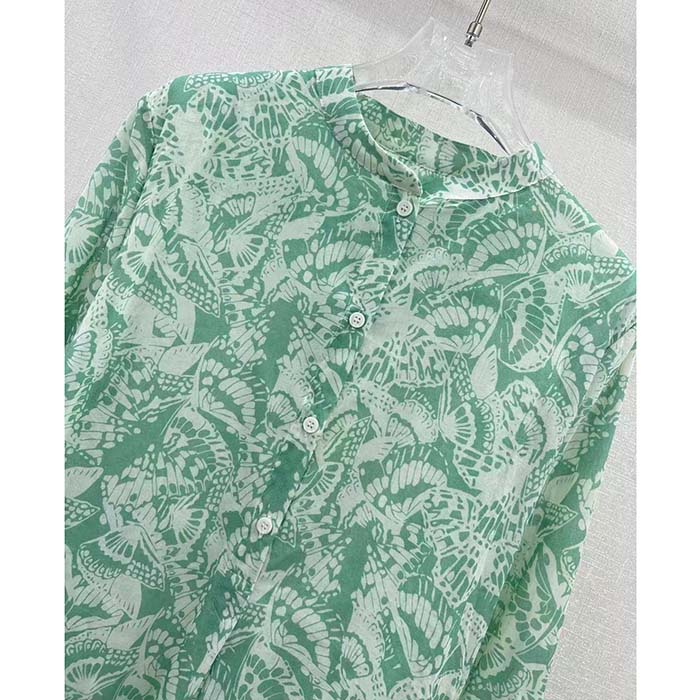 Dior Men CD Blouse Melocoton Sea Green Cotton Voile with Allover Butterfly Motif