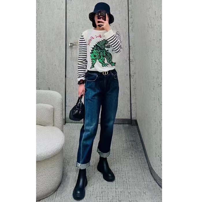 Dior Women CD Dior Marinière Sweater Navy Blue White Linen Cashmere Silk Knit Green Dragon Motif