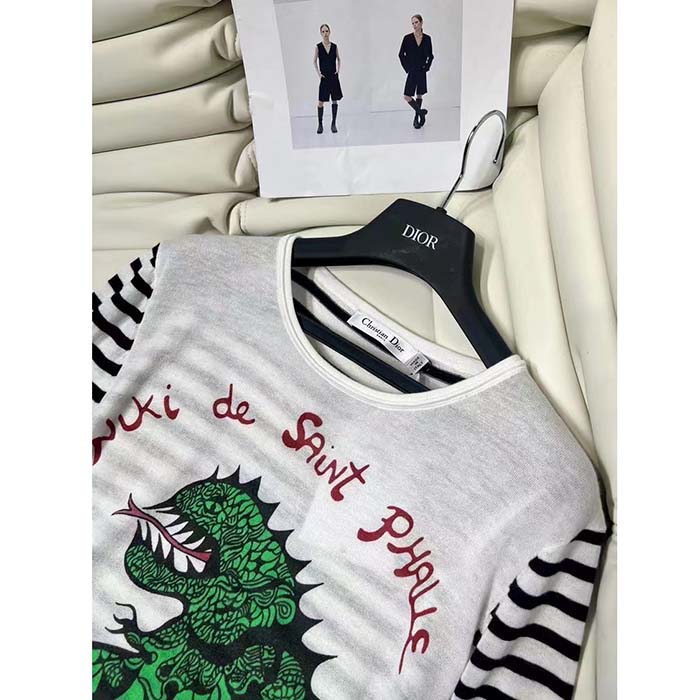Dior Men CD Dior Marinière Sweater Navy Blue White Linen Cashmere Silk Knit Green Dragon Motif
