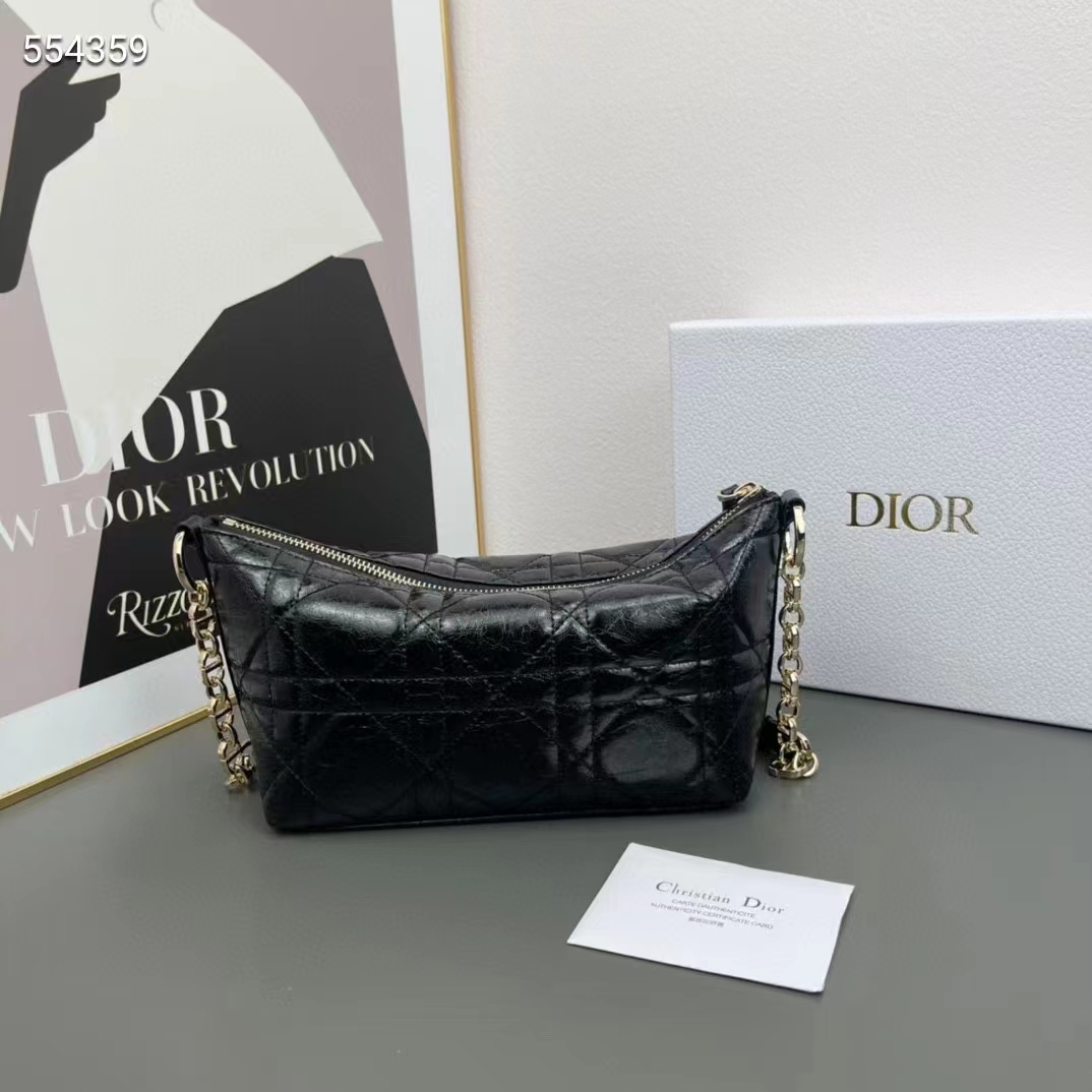Dior Women CD Diorstar Hobo Bag Chain Black Macrocannage Crinkled Calfskin Reference: S3202UNIO_M900