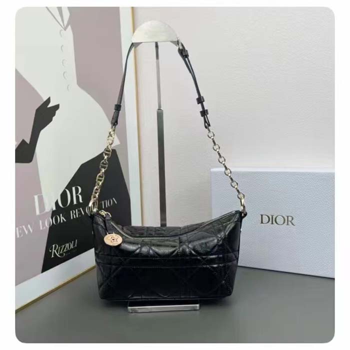 Dior Women CD Diorstar Hobo Bag Chain Black Macrocannage Crinkled Calfskin Reference: S3202UNIO_M900