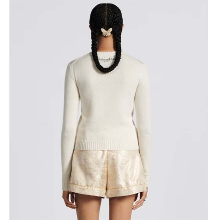 Dior Women CD Embroidered Sweater Gold-Tone White Cashmere Knit Butterfly Around the World Motif