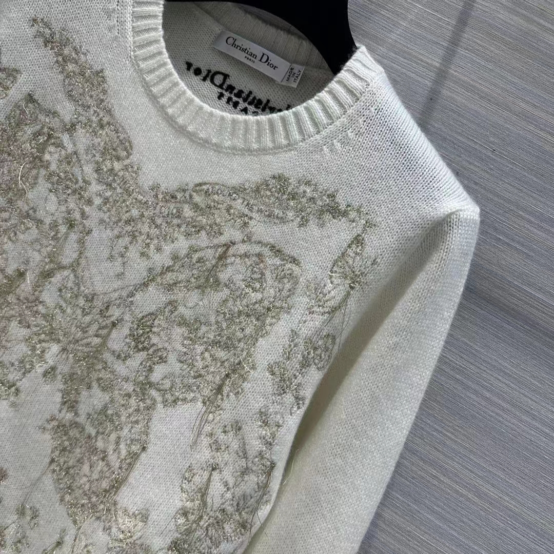 Dior Men CD Embroidered Sweater Gold-Tone White Cashmere Knit Butterfly Around the World Motif