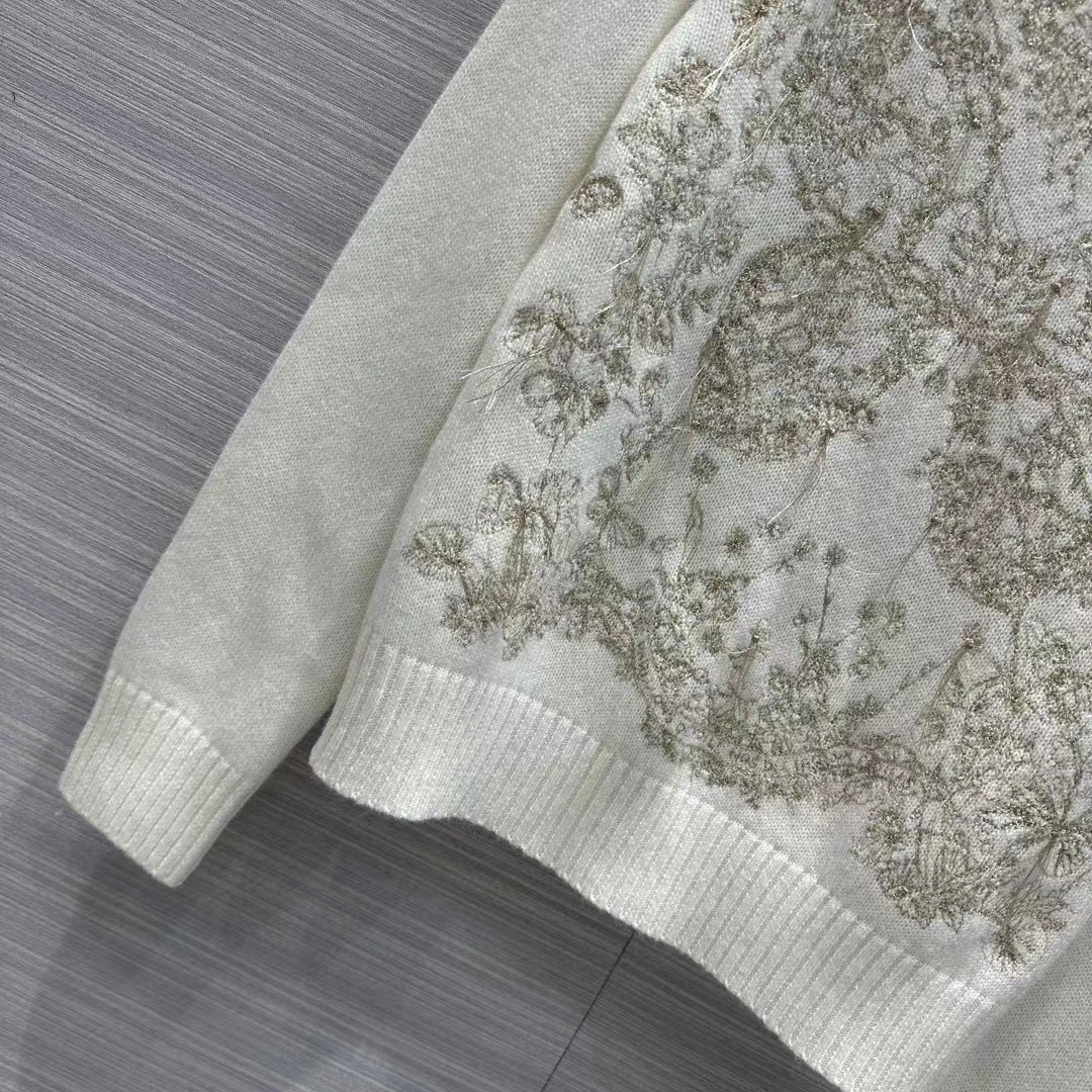Dior Men CD Embroidered Sweater Gold-Tone White Cashmere Knit Butterfly Around the World Motif